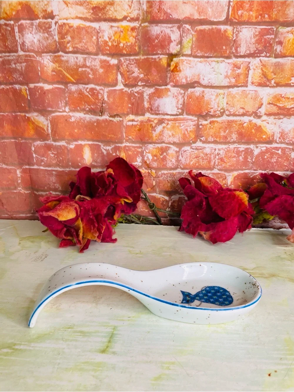 Vintage Otagiri White Ceramic Spoon Rest with Blue Floral Cat Accent
